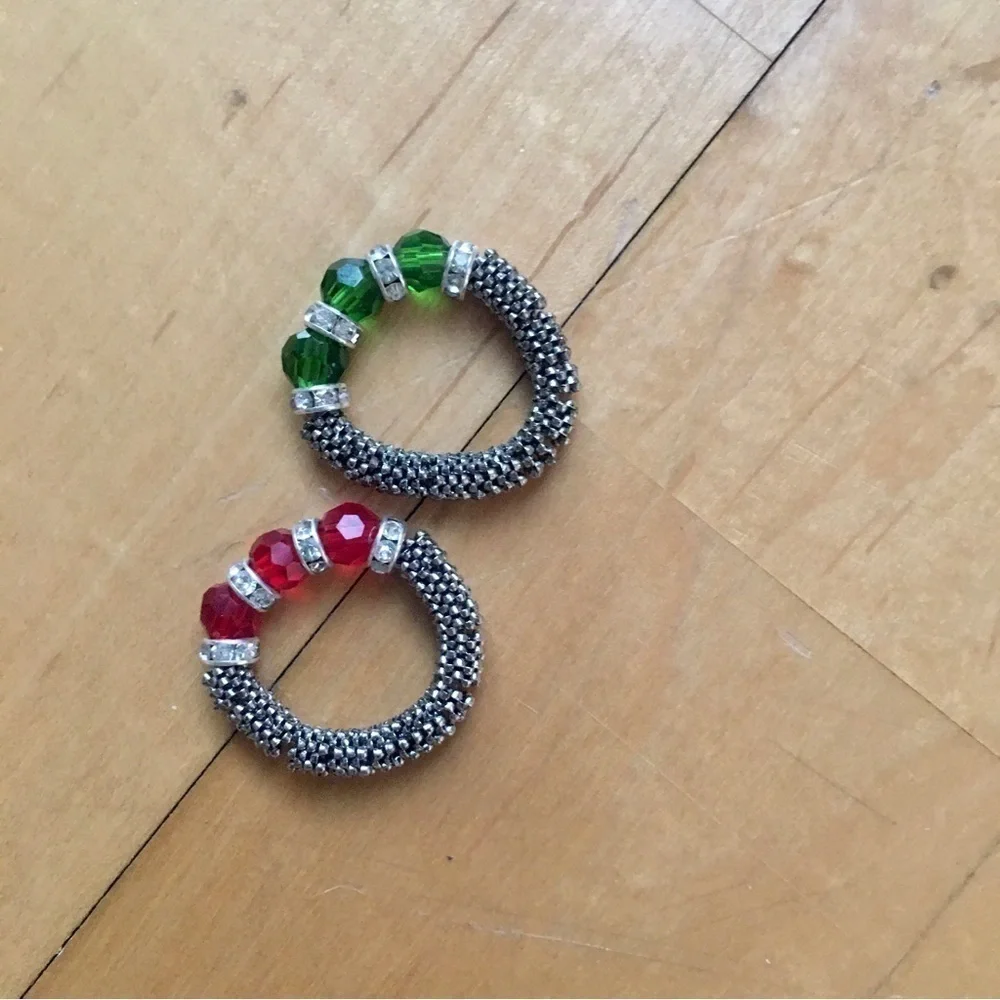 Set/2 Beaded Elasticized Fashion Rings, Red, Green